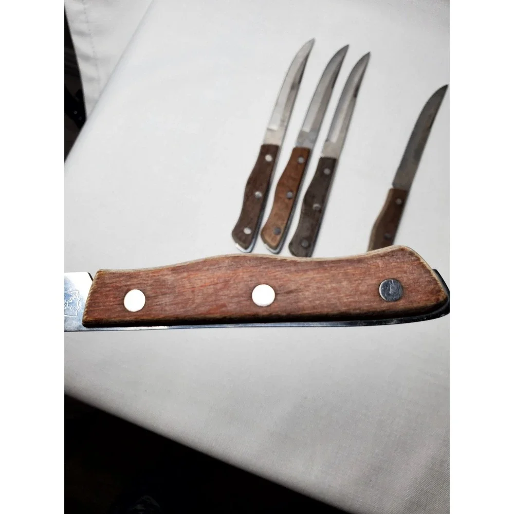 Vintage Maxam Steel Steak Knife Set 6pc Serrated Blades Japan Wood Handles
